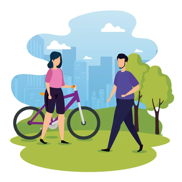Cena urbana e jovem casal com bicicleta — Vetor de Stock
