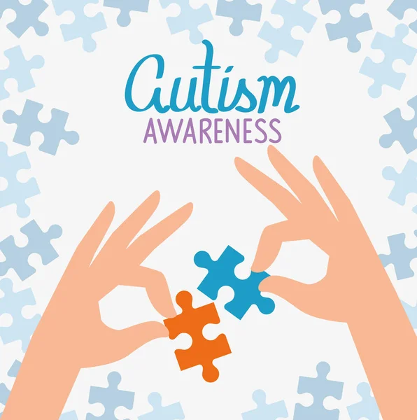 Día mundial del autismo con las manos y las piezas del rompecabezas — Vector de stock