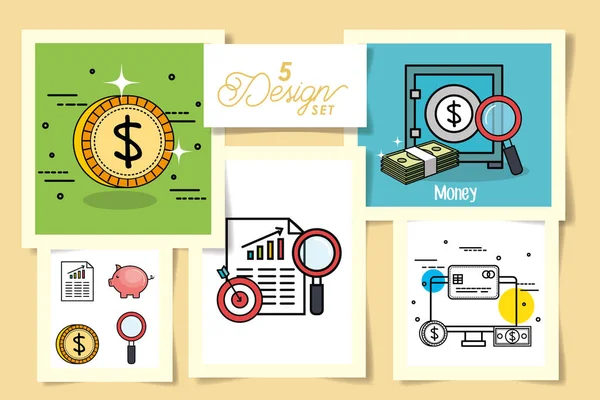 Cinco diseños de iconos de dinero — Archivo Imágenes Vectoriales