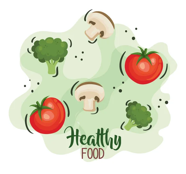 Плакат здоровой пищи с помидорами и овощами — стоковый вектор