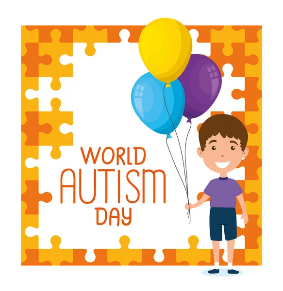 Světový den autismu s chlapcem a balónky helium — Stockový vektor