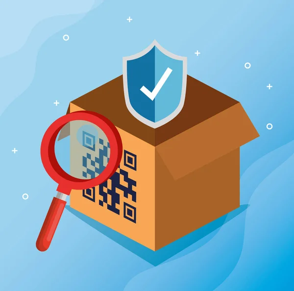 code qr in box with magnifying glass and shield