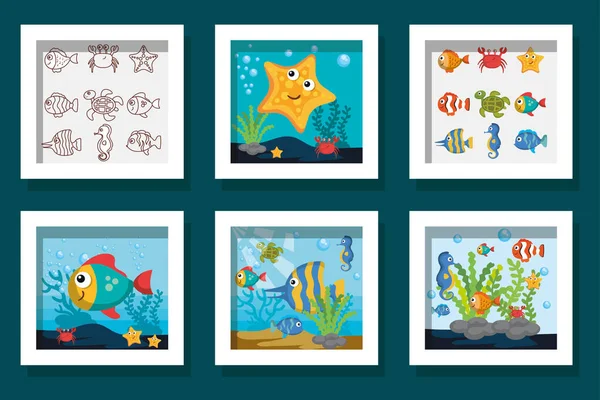 Disegni fascio di icone della vita marina carino — Vettoriale Stock