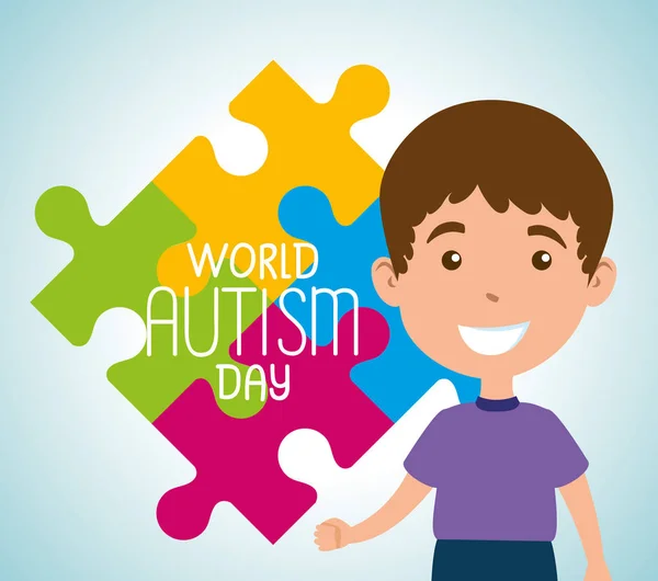 Mundo autismo día y niño con piezas de rompecabezas — Vector de stock