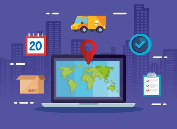 Entrega de serviço logístico com laptop e ícones —  Vetores de Stock