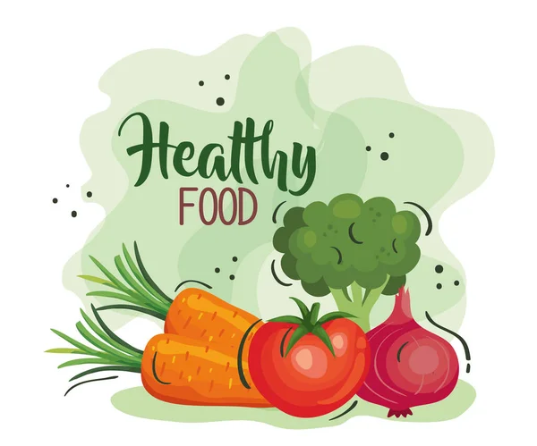 健康食品海报，附有胡萝卜和蔬菜 — 图库矢量图片