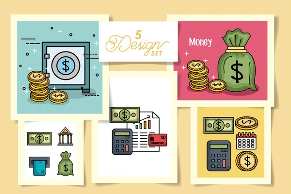 Cinco diseños de iconos de dinero — Archivo Imágenes Vectoriales