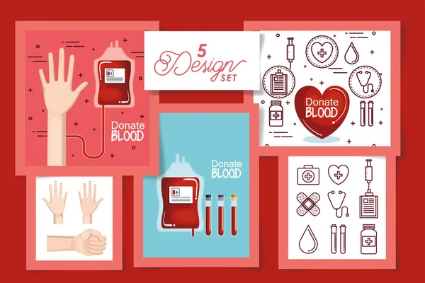 Cinque disegni di icone della donazione di sangue — Vettoriale Stock