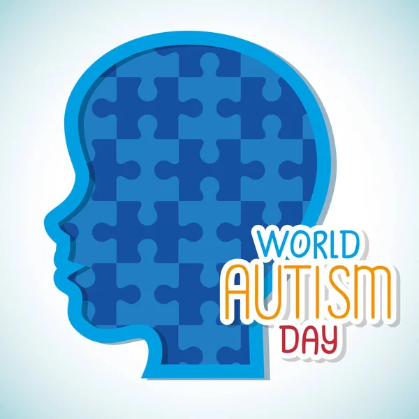 Día del autismo mundial y cabeza de las piezas del rompecabezas — Vector de stock