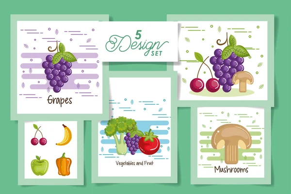 Cinco diseños de frutas y verduras — Archivo Imágenes Vectoriales