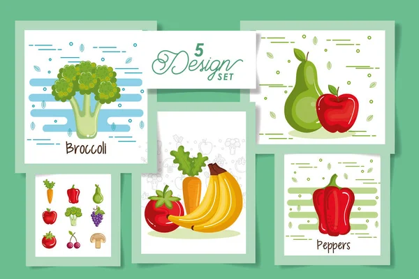 Fünf Designs von Obst und Gemüse — Stockvektor