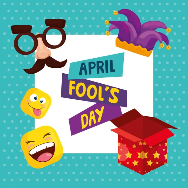 Día de abril tontos con bufón sombrero y decoración — Vector de stock