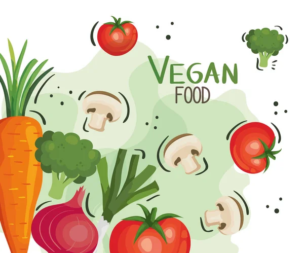Cartel de comida vegana con tomate y verduras — Vector de stock