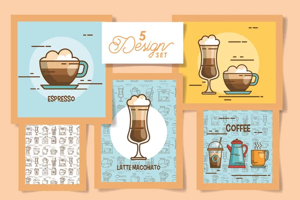 Cinco desenhos de ícones de bebida de café — Vetor de Stock