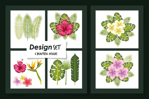 Шість дизайнів тропічних квітів і листя — стоковий вектор