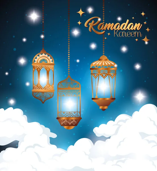 Ramadan kareem poster with lanterns hanging — Stock Vector