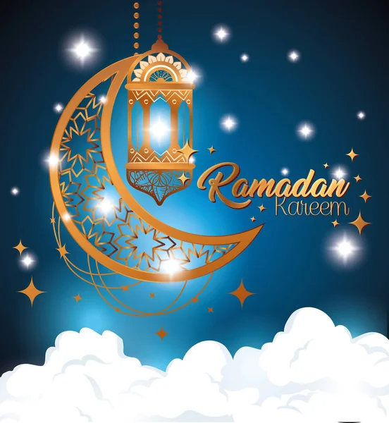 Ramazan Kareem posteri, fener ve ay asılı. — Stok Vektör