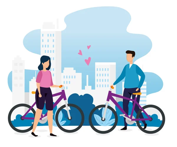 Buildings urban scene with couple in bikes — Stock Vector