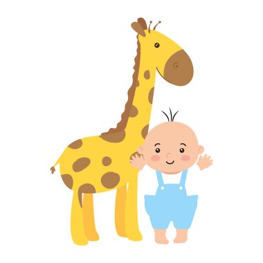 cute baby boy with giraffe isolated icon