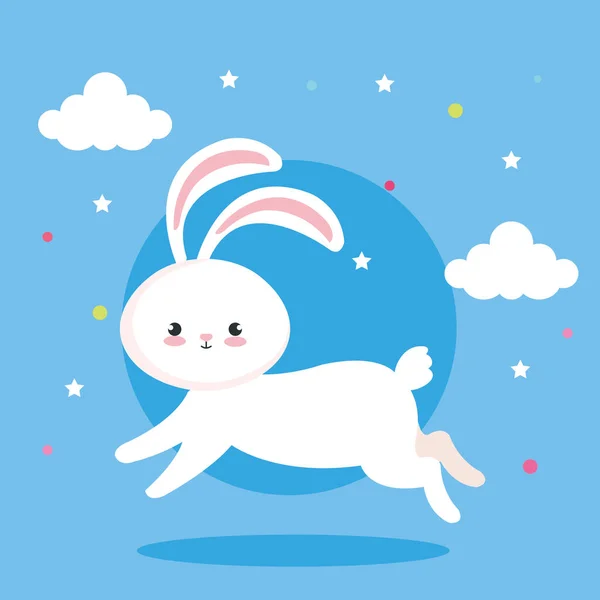 Cute rabbit jumping with clouds decoration — Stock Vector