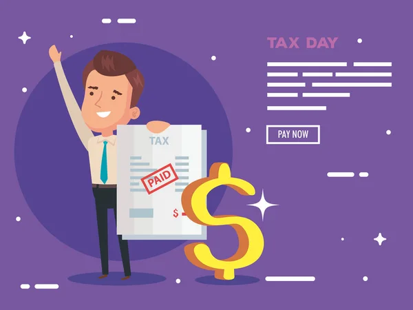 Affiche du jour de l'impôt avec homme d'affaires et document payé — Image vectorielle