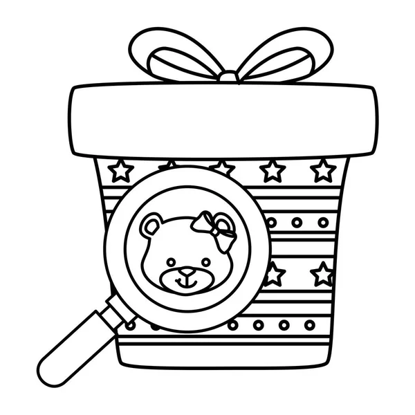 Face of cute bear female in magnifying glass with gift box — Stockový vektor