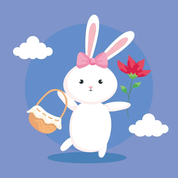 Cute rabbit female with basket wicker and flower — Διανυσματικό Αρχείο