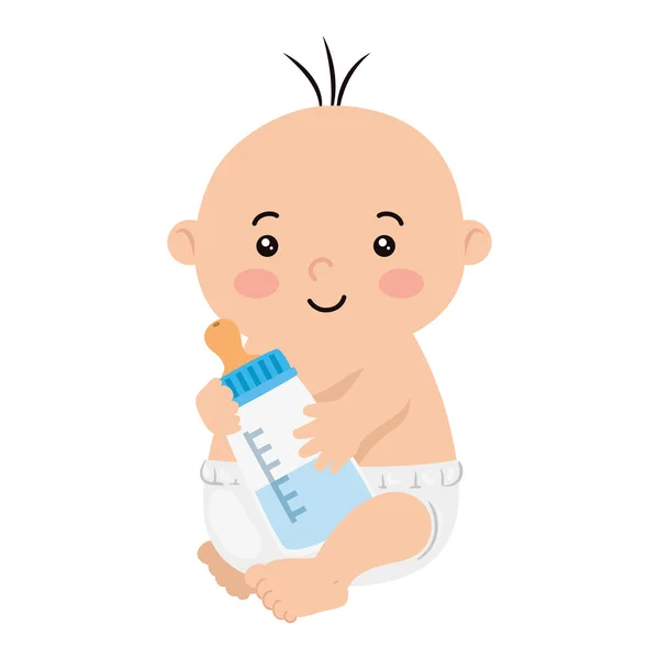 Schattig baby jongen met fles melk geïsoleerde pictogram — Stockvector