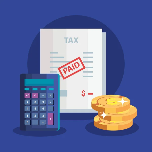 Documento de imposto pago com moedas de pilha e calculadora —  Vetores de Stock