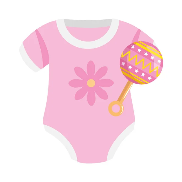 Bonito roupas bebê menina com chocalho isolado ícone — Vetor de Stock