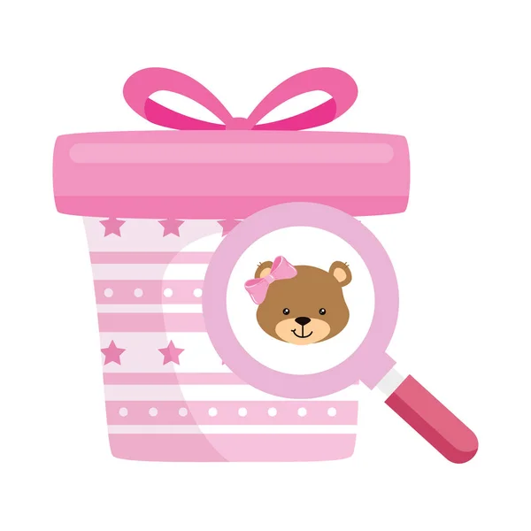 Gift box present pink with magnifying glass — Stockvector