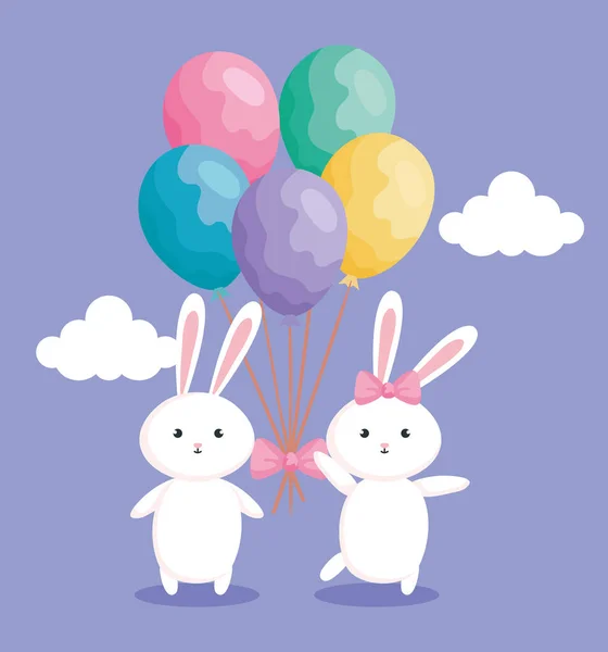 Cute rabbits of easter with balloons helium — Stockový vektor