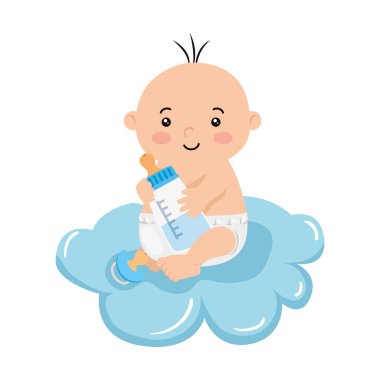 cute little baby boy with bottle milk in cloud