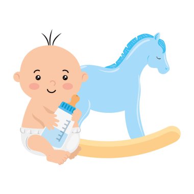 cute baby boy with bottle milk and wooden horse toy