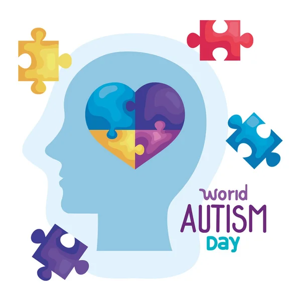 Día mundial del autismo con la silueta de la cabeza y piezas del rompecabezas — Vector de stock