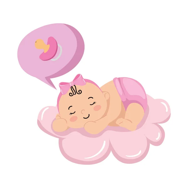 Bébé fille mignonne dormir dans le nuage avec sucette — Image vectorielle