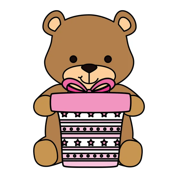 Cute teddy bear with gift box present isolated icon — Stock Vector