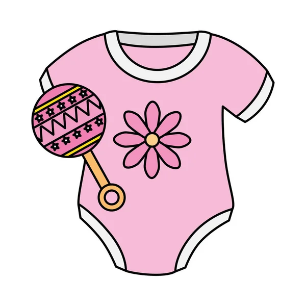 Cute clothes baby girl with rattle isolated icon — ストックベクタ