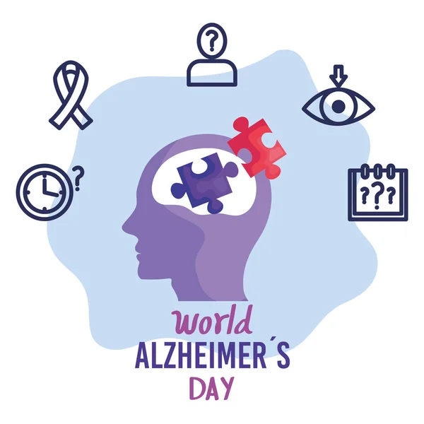 World alzheimer day avec profil de tête et icônes — Image vectorielle