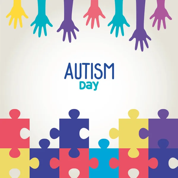 World autism day and hands with puzzle pieces — Stok Vektör