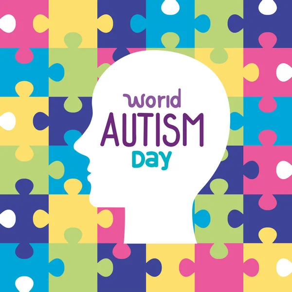 World autism day with head silhouette in puzzle pieces background — Stockvector