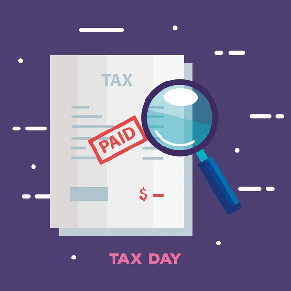 Affiche du jour de la taxe avec document et loupe — Image vectorielle