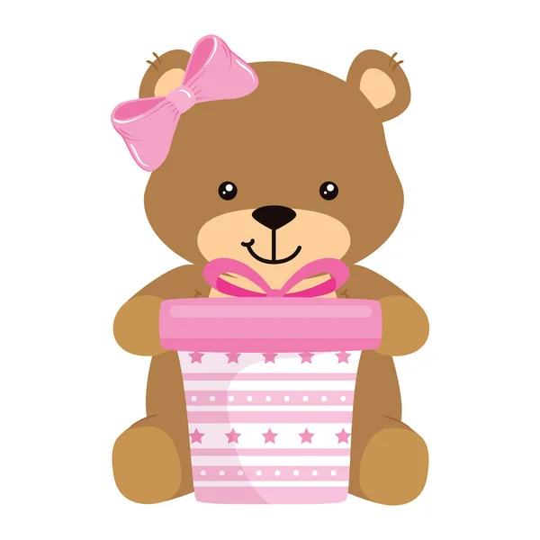 분홍색 선물 상자를 들고 있는 귀여운 테디 베어 암컷 — 스톡 벡터