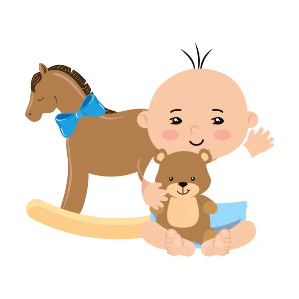 말 나무와 테디 베어를 데리고 있는 귀여운 사내 아기 — 스톡 벡터