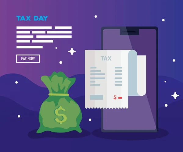 Affiche du jour de la taxe avec smartphone et icônes — Image vectorielle