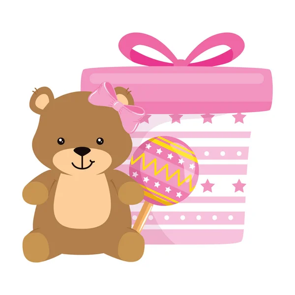Подарочная коробка розовый с медведем и погремушкой — стоковый вектор