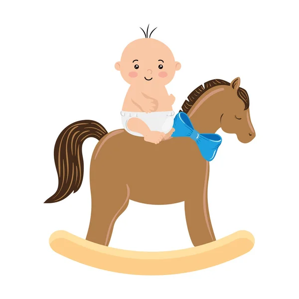 Roztomilý malý chlapeček v dřevěné kůň hračka — Stockový vektor