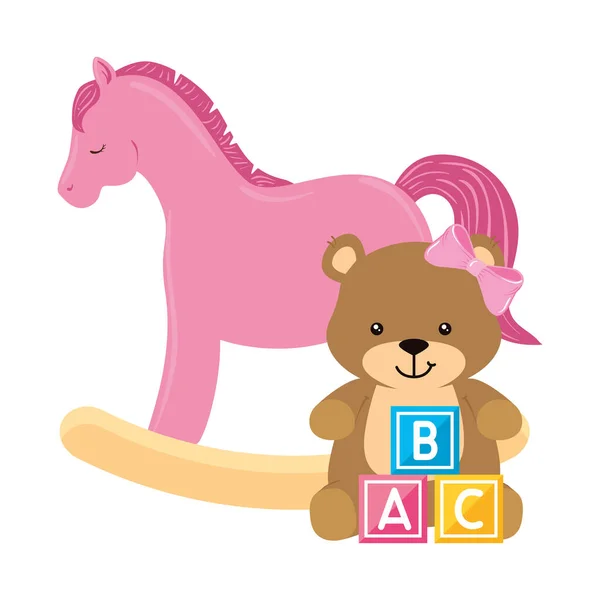 Juguete de caballo de madera rosa con oso hembra y cubos de juguete — Archivo Imágenes Vectoriales