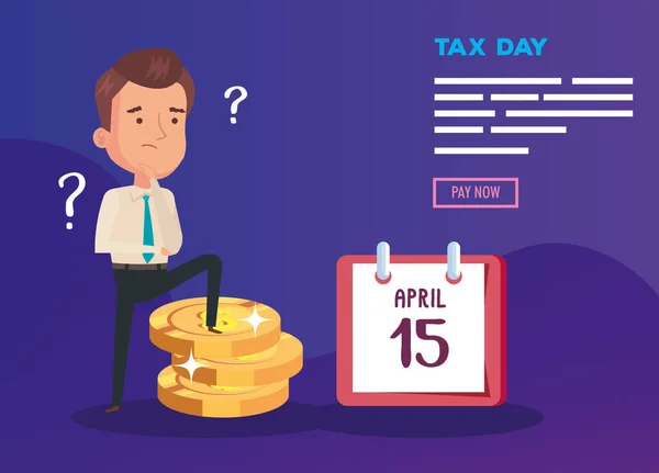 Affiche du jour de l'impôt avec pensant homme d'affaires et icônes — Image vectorielle