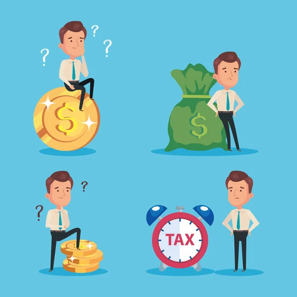 Paquet de jour d'impôt payé avec des hommes d'affaires et des icônes — Image vectorielle
